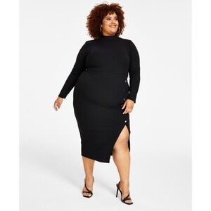 Nina Parker Dress Womens Plus 1X Black Ribbed Knit Midi Mock Neck Bodycon‎ Split